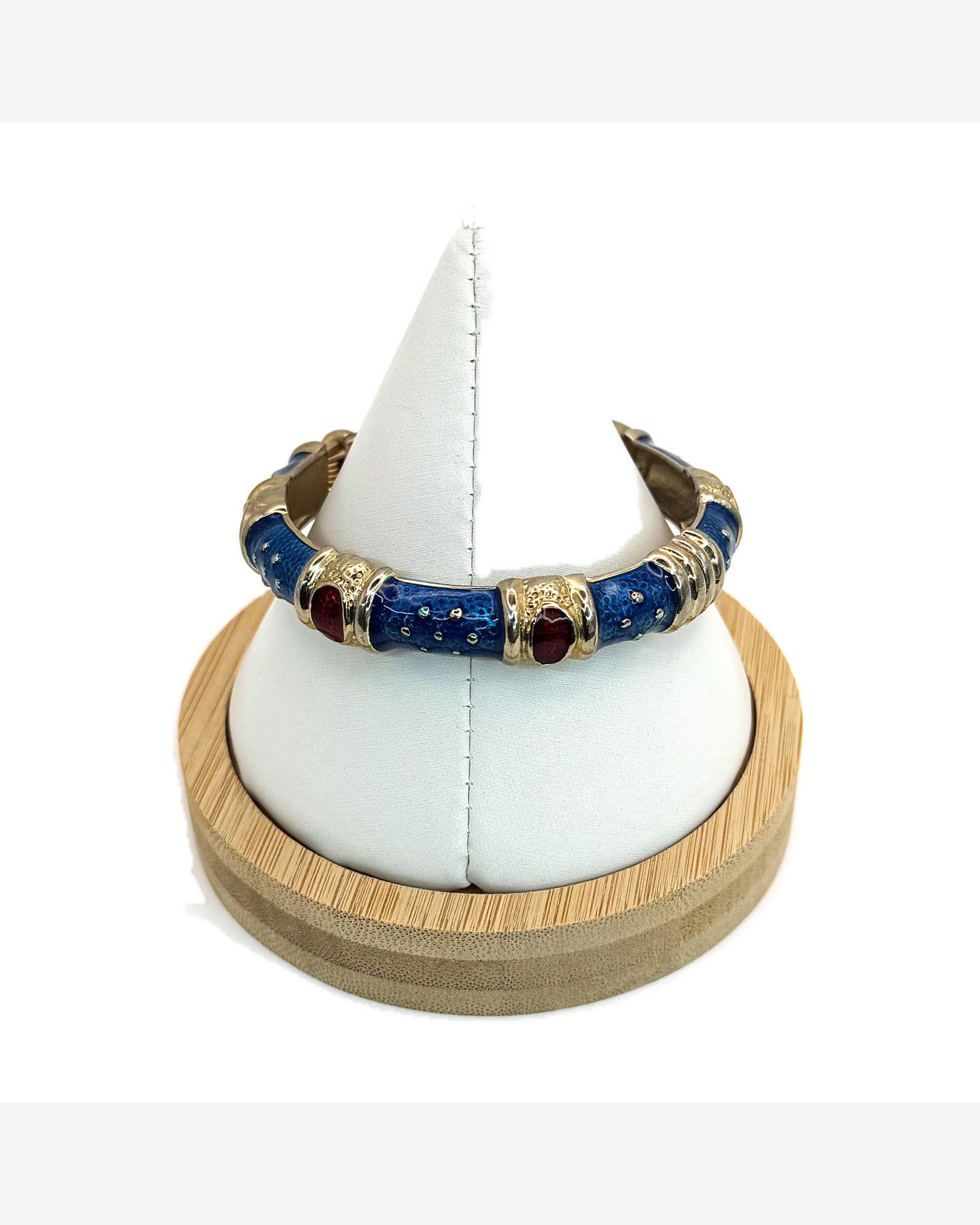 Blue Enamel Gold-Tone Hinged Bangle Bracelet with Red Oval Accents