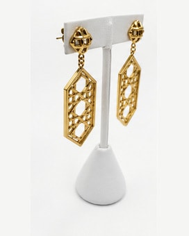 Gold-Tone Geometric Openwork Drop Earrings with Black Enamel Studs