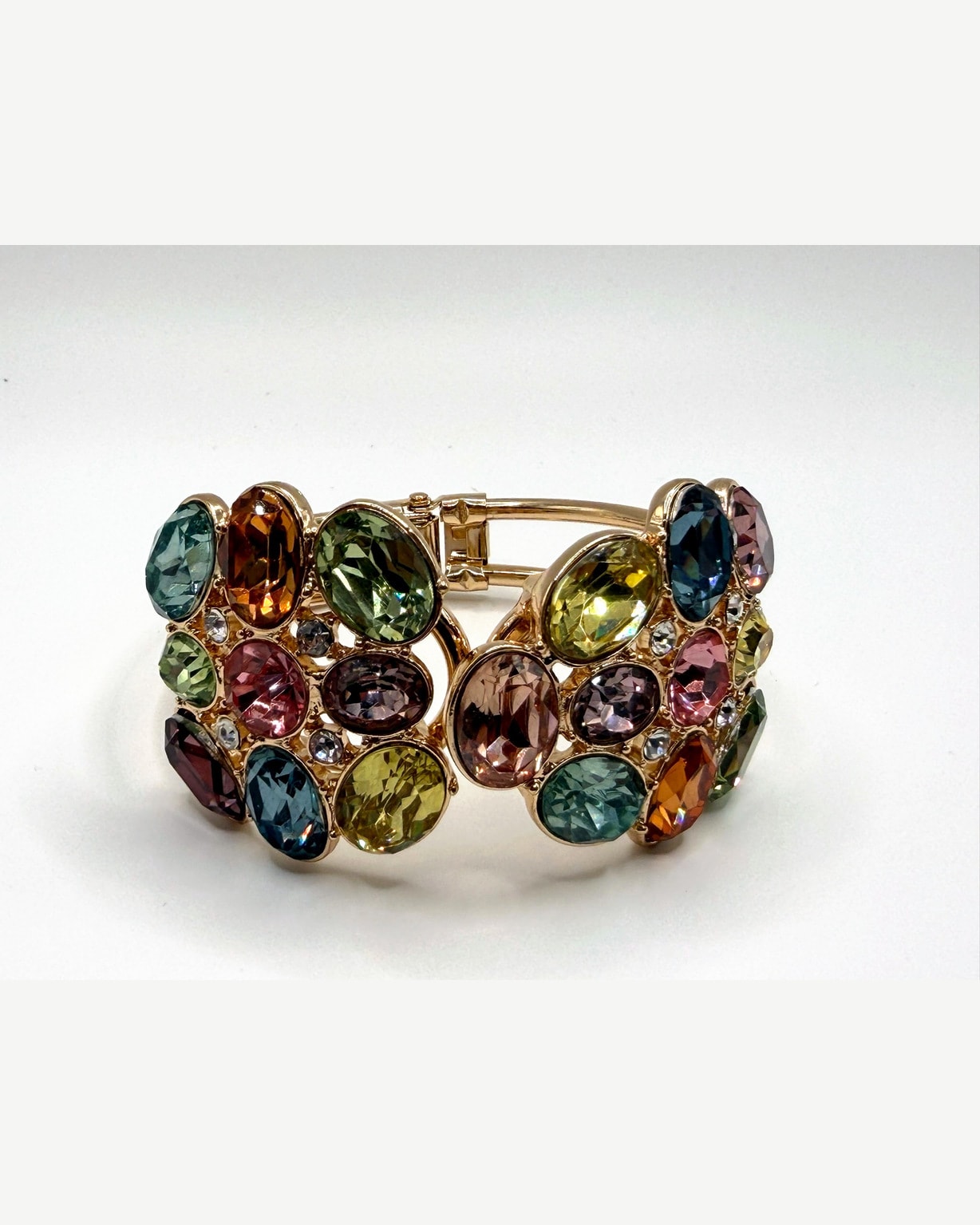 Gold-Tone Multicolor Faceted Stone Hinged Cuff Bracelet