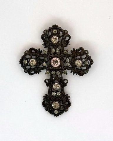 Vintage-Style Dark Tone Filigree Cross Brooch with Clear Crystals