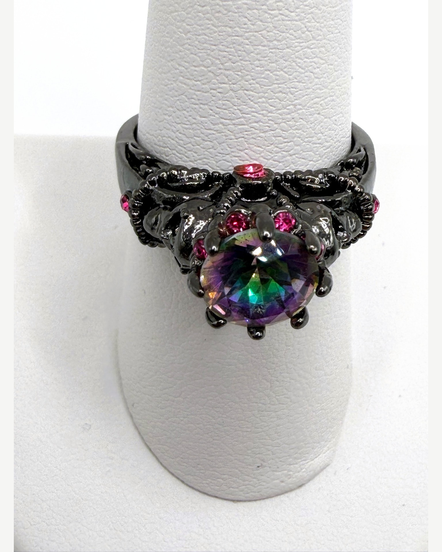 Gothic Skull Statement Ring with Rainbow Round Crystal and Pink Accent Stones