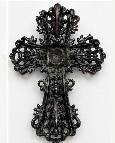 Blackened Metal Cross Brooch Pendant with Clear Crystal Accents