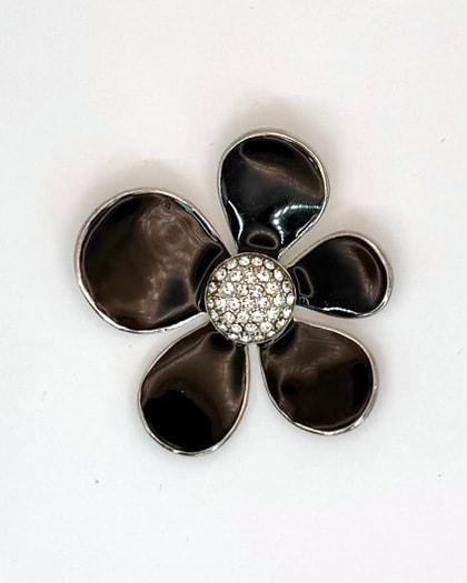 Silver-Tone Black Flower Brooch Pin with Clear Crystal Center