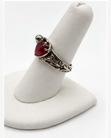Silver-Tone Heart Red Stone Scrollwork Ring