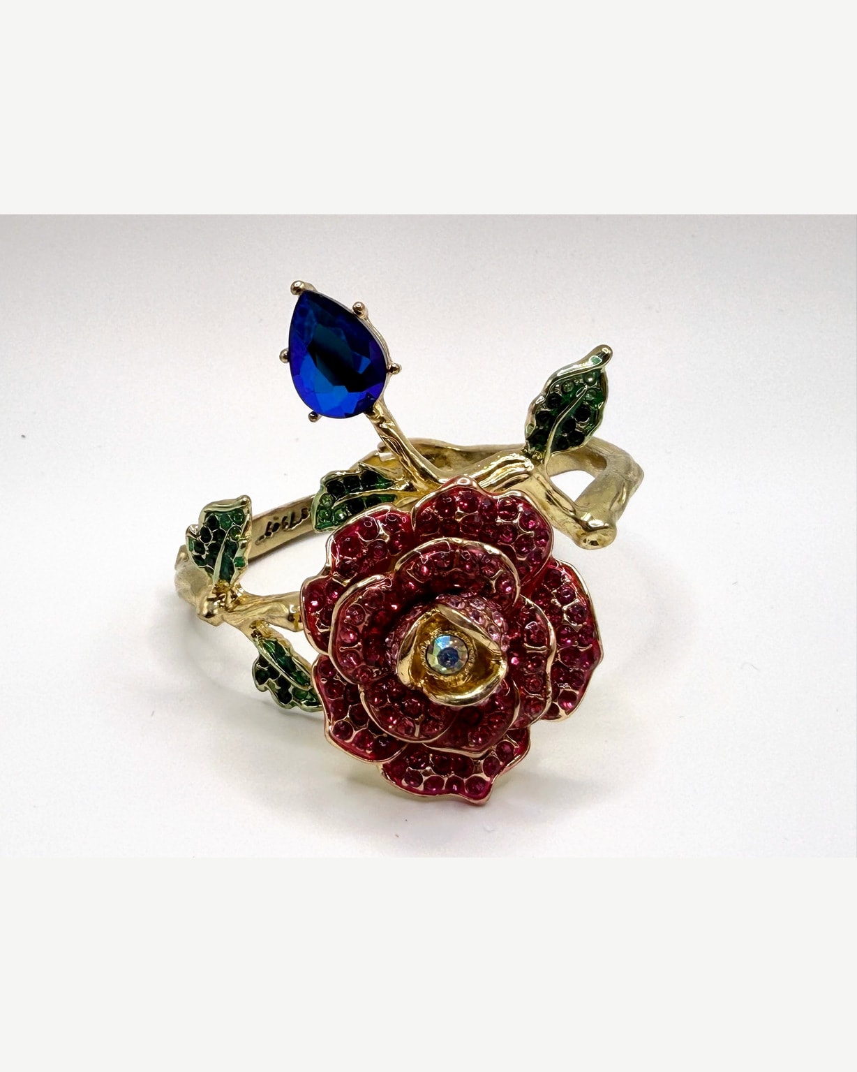 Betsey Johnson Gold-Tone Rose Hinged Bangle Bracelet with Blue Crystal Accent