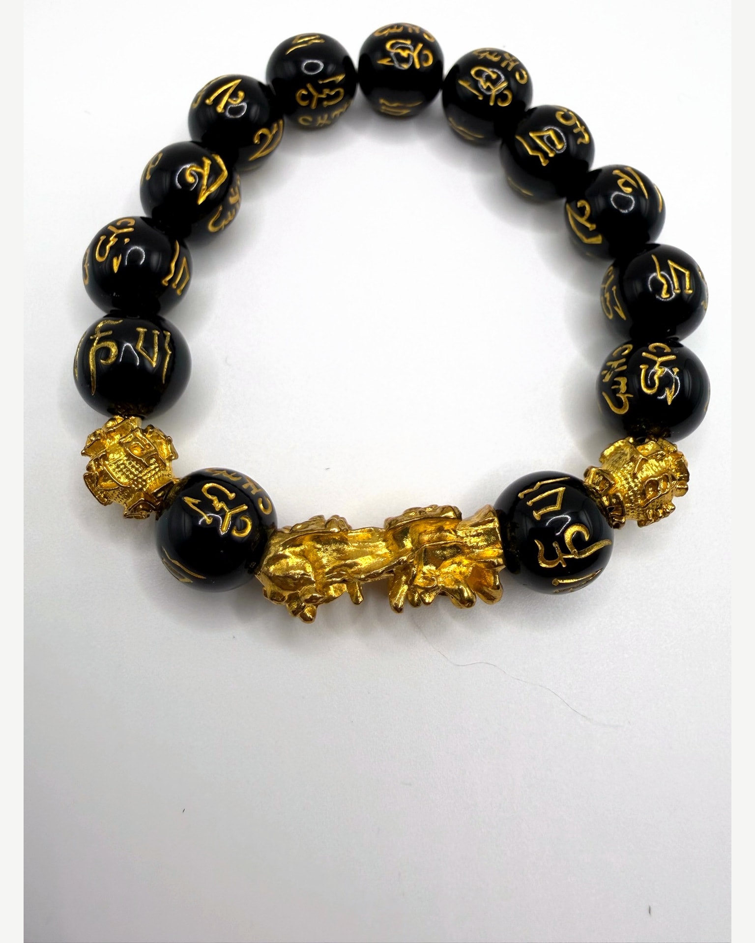 Black Bead Stretch Bracelet with Gold-Tone Pixiu Charm
