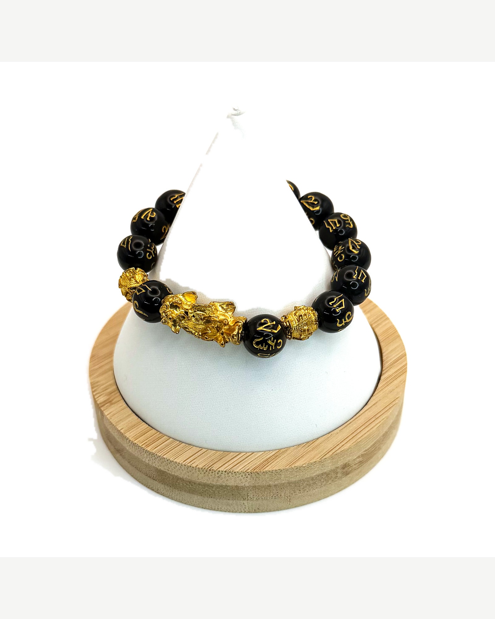 Black Beaded Stretch Bracelet with Gold-Tone Pixiu Charm
