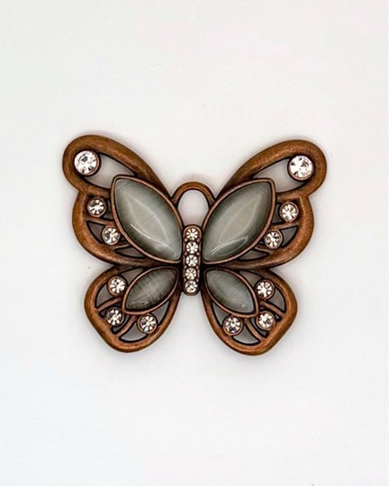 Copper-Tone Butterfly Brooch with Gray Inlays and Clear Accent Stones