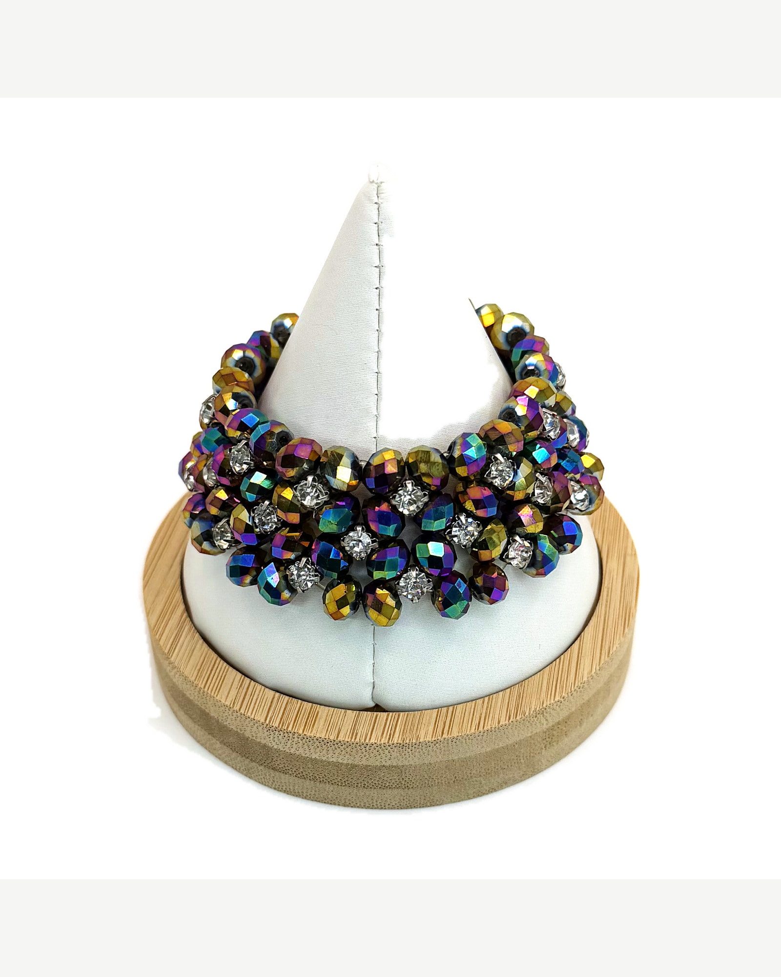 Unbranded Iridescent Beaded Stretch Cuff Bracelet with Clear Crystal Accents