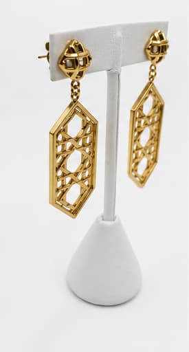 Gold-Tone Geometric Openwork Drop Earrings with Black Enamel Studs