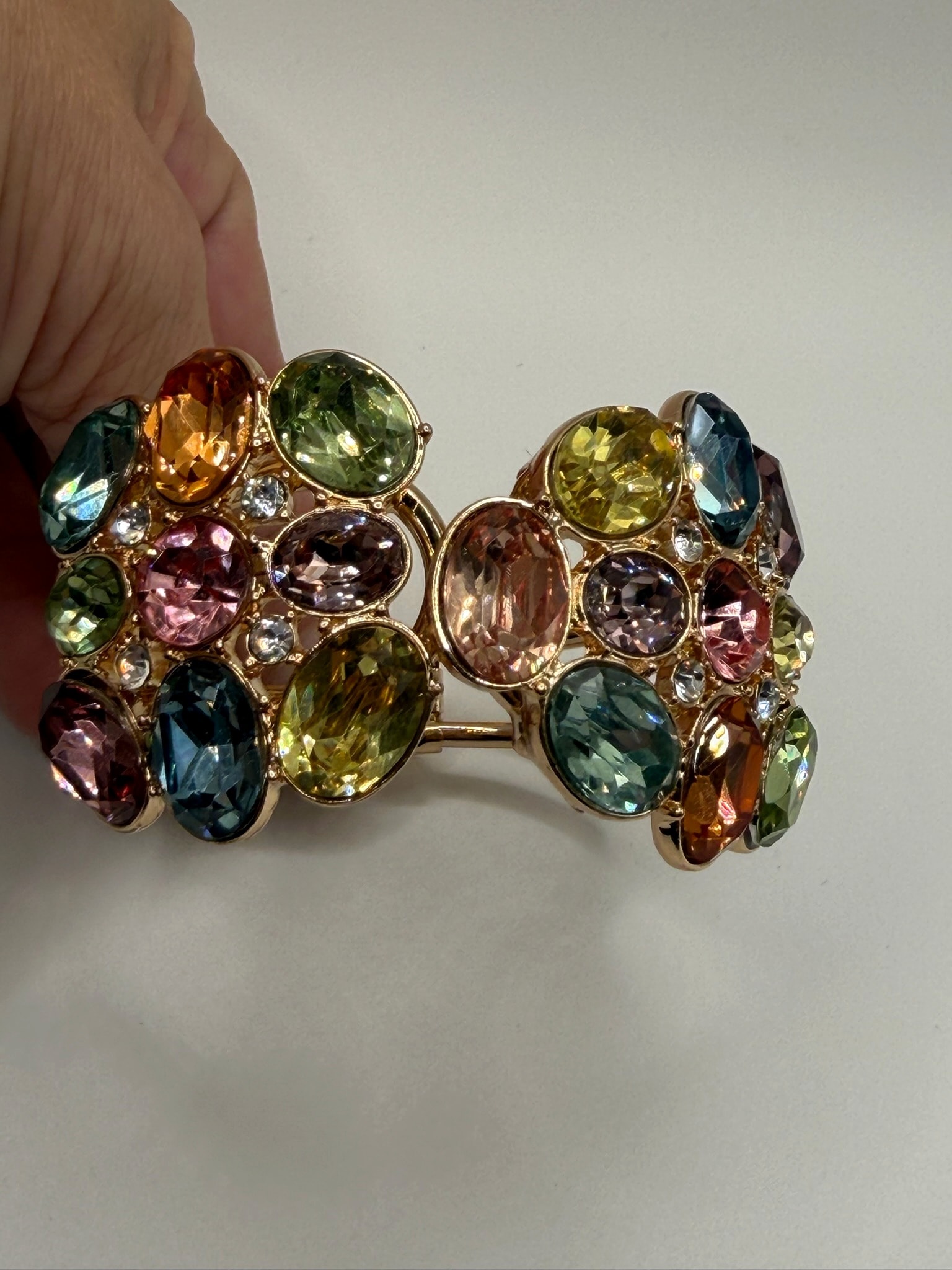 Gold-Tone Multicolor Faceted Stone Hinged Cuff Bracelet