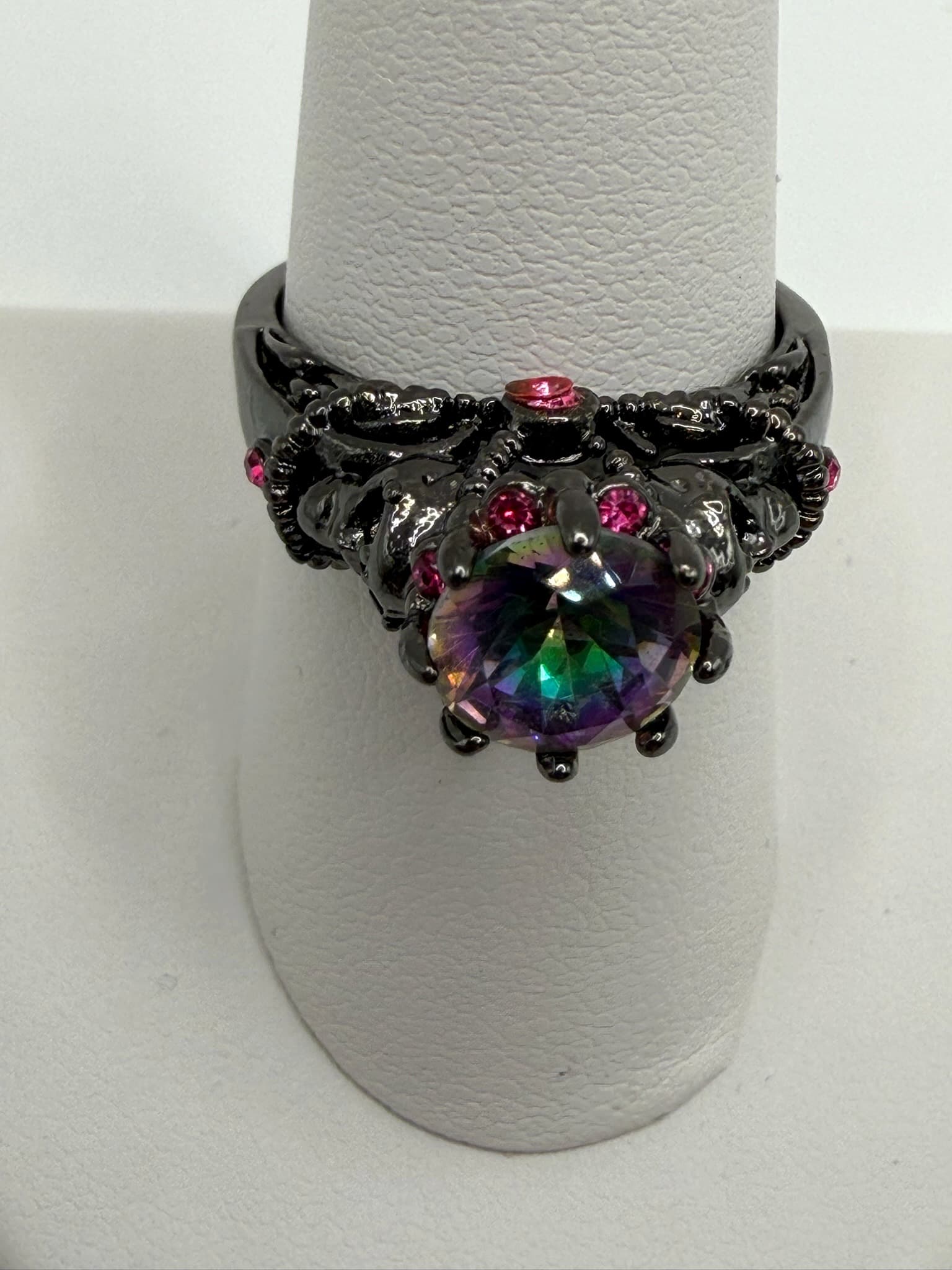 Gothic Skull Statement Ring with Rainbow Round Crystal and Pink Accent Stones