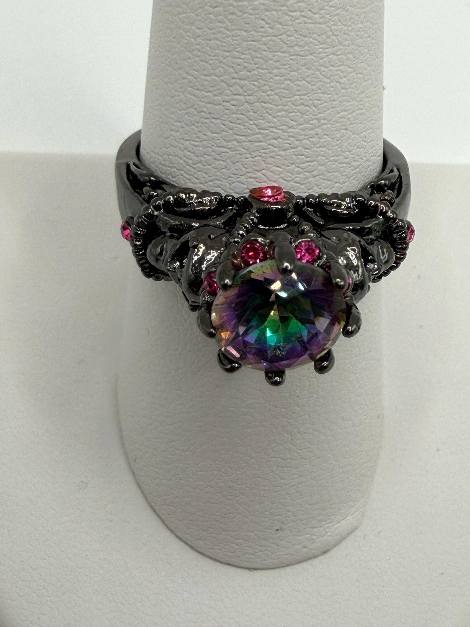 Gothic Skull Statement Ring with Rainbow Round Crystal and Pink Accent Stones
