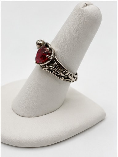 Silver-Tone Heart Red Stone Scrollwork Ring