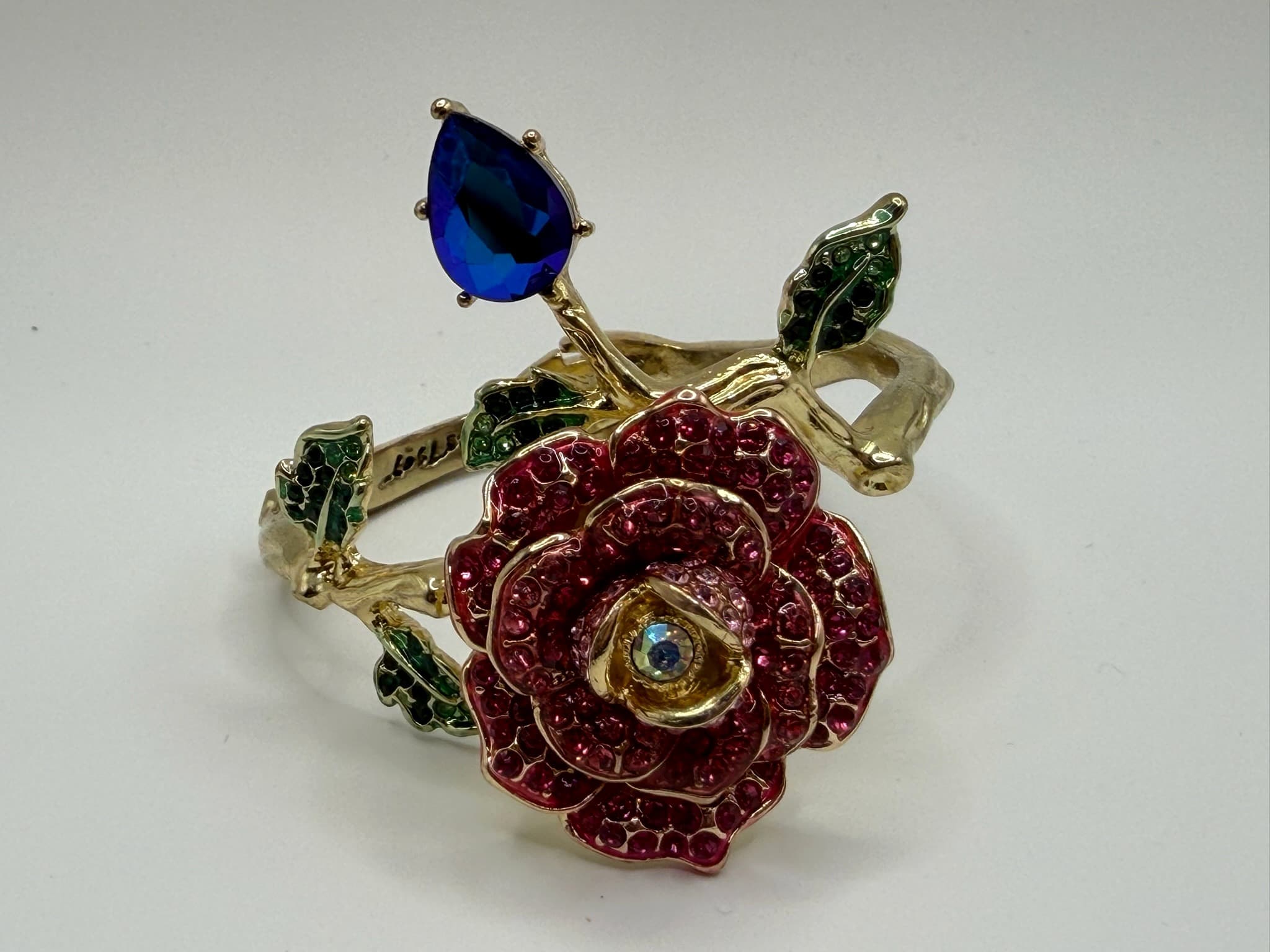 Betsey Johnson Gold-Tone Rose Hinged Bangle Bracelet with Blue Crystal Accent