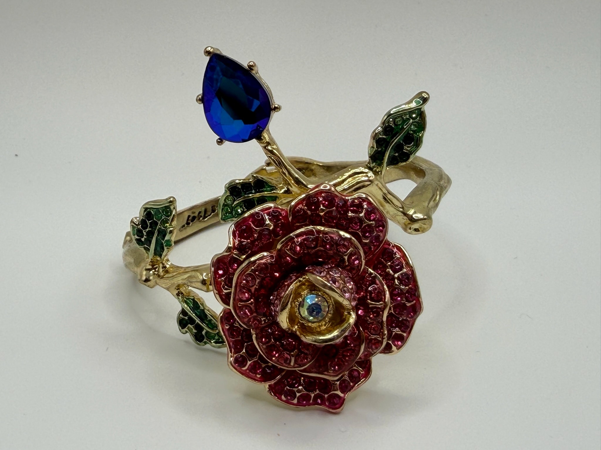 Betsey Johnson Gold-Tone Rose Hinged Bangle Bracelet with Blue Crystal Accent