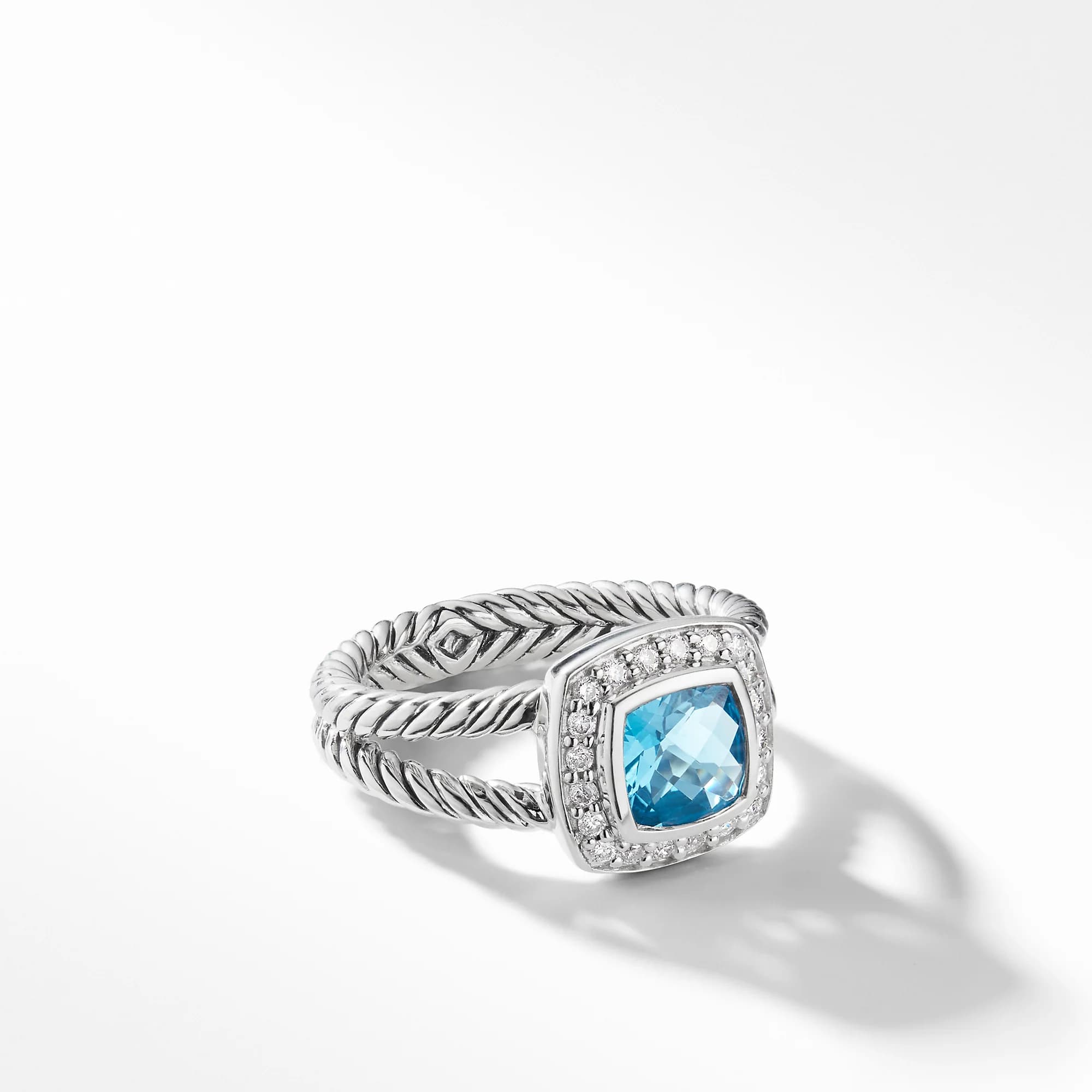 David Yurman Cable Motif Split Shank Halo Ring with Blue Cushion-Cut Center Stone (White Metal)