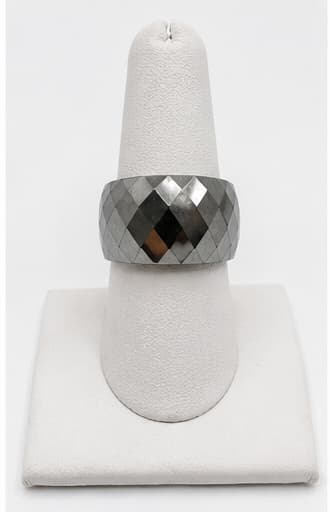Wide Faceted Silver-Tone Geometric Band Ring
