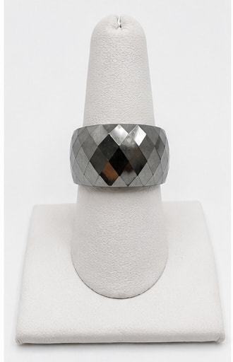 Wide Faceted Silver-Tone Geometric Band Ring