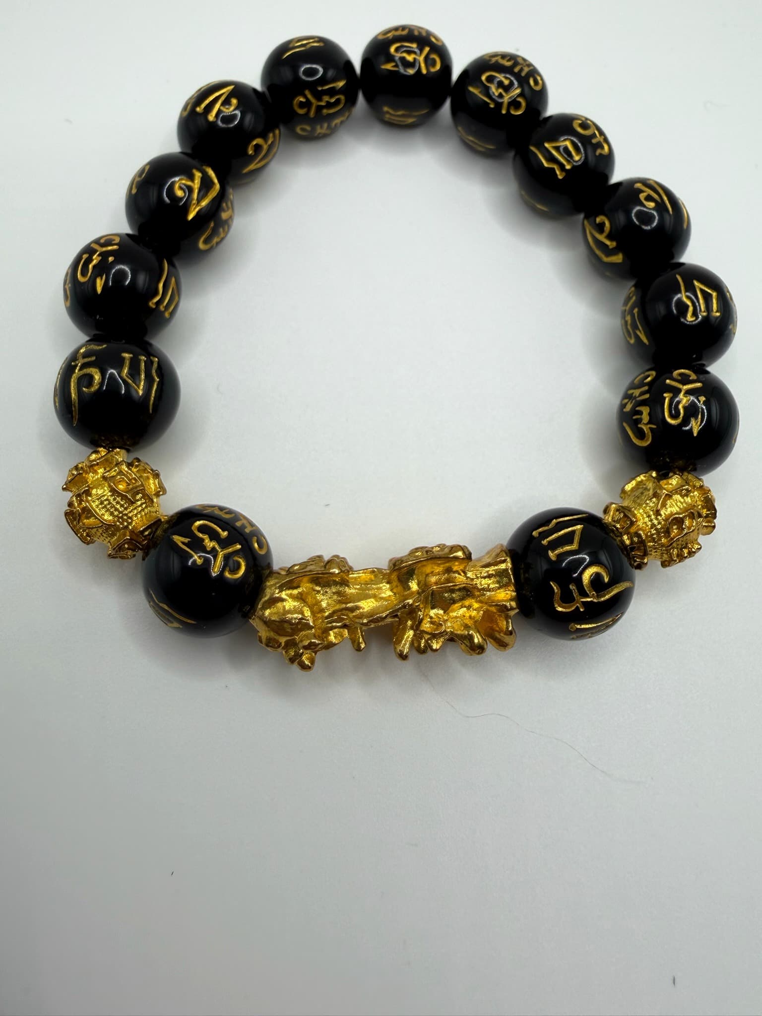 Black Bead Stretch Bracelet with Gold-Tone Pixiu Charm