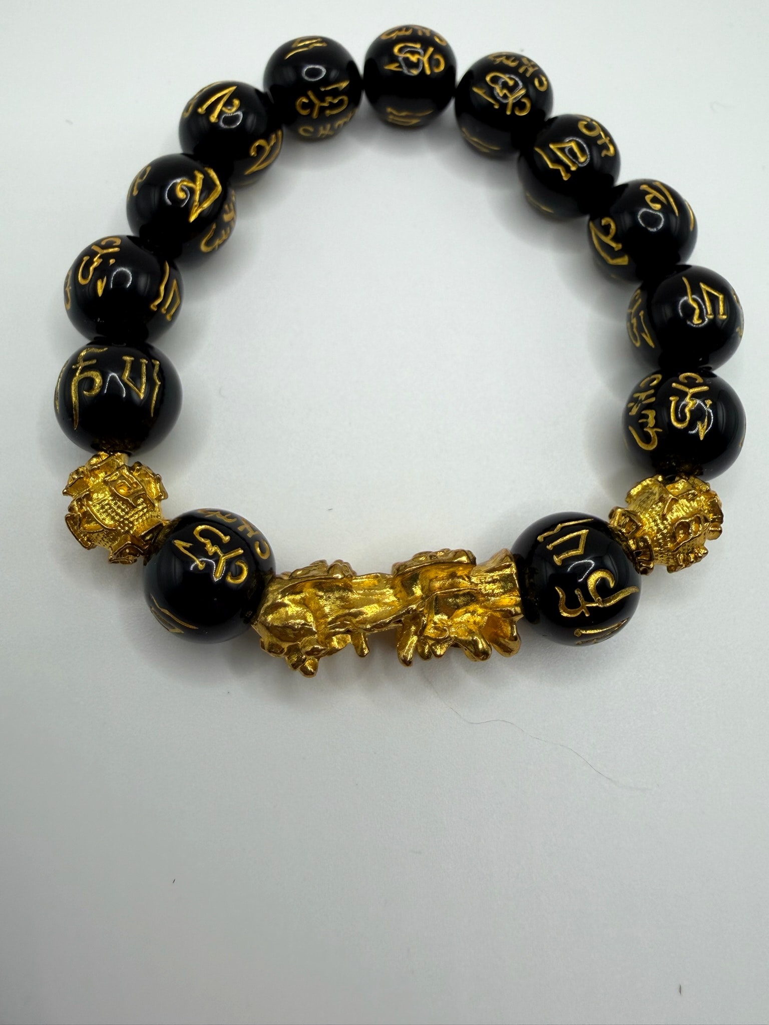 Black Bead Stretch Bracelet with Gold-Tone Pixiu Charm