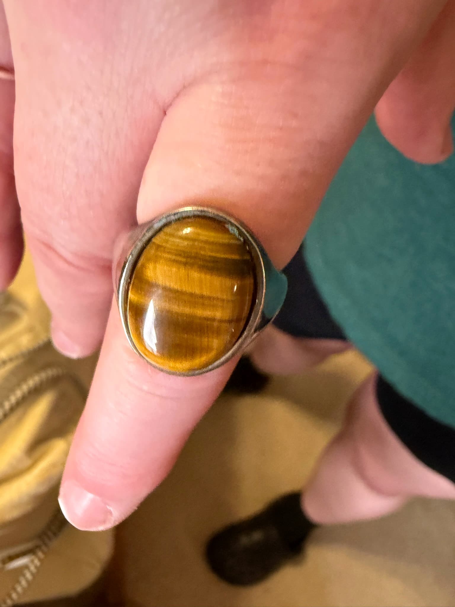 Silver-Tone Oval Tiger's Eye Appearance Statement Ring